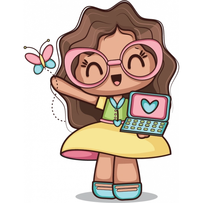 Bilgisayarlı Kız ve Kelebek Duvar Stickerı