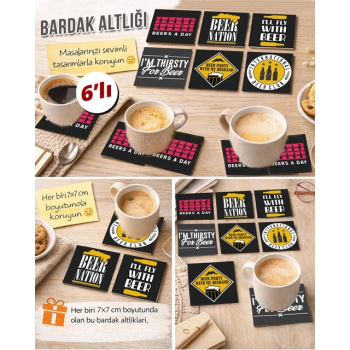 Bira Temalı 2 7x7 – 6’lı Set Dekoratif Kare Tasarım
