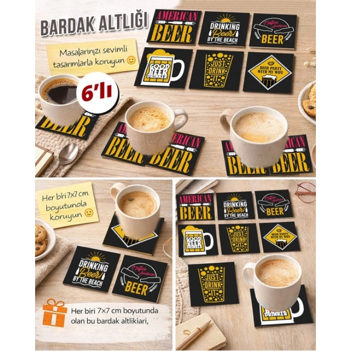 Bira Temalı 3 7x7 – 6’lı Set Dekoratif Kare Tasarım