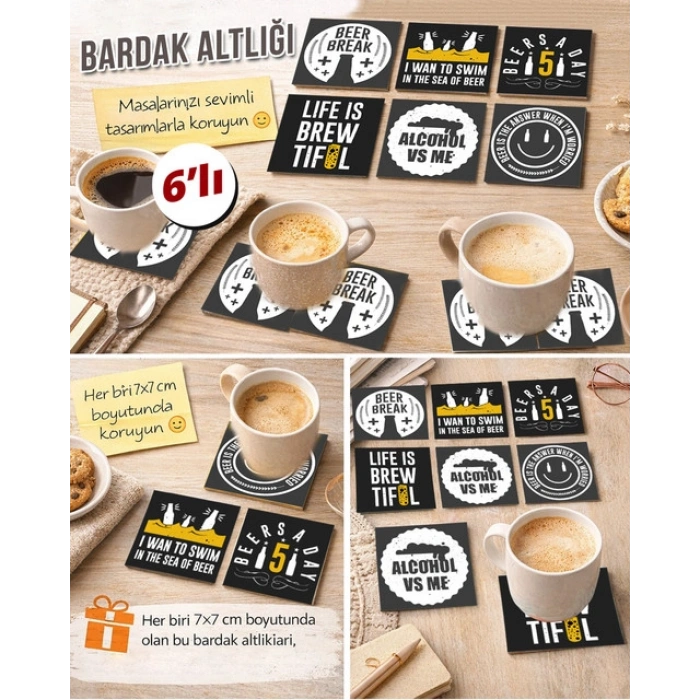 Bira Temalı 4 7x7 – 6’lı Set Dekoratif Kare Tasarım