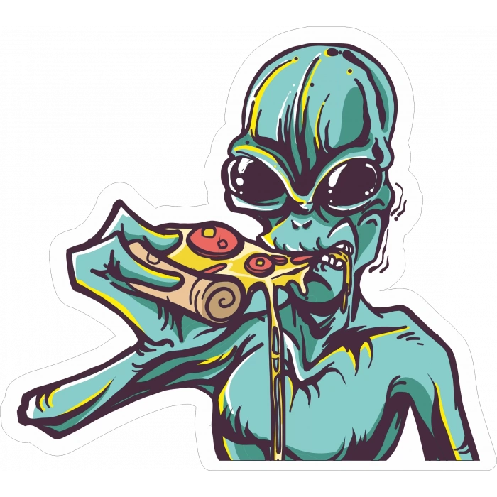 Pizza Yiyen Uzaylı Sticker 10x10 cmRenkli Sticker