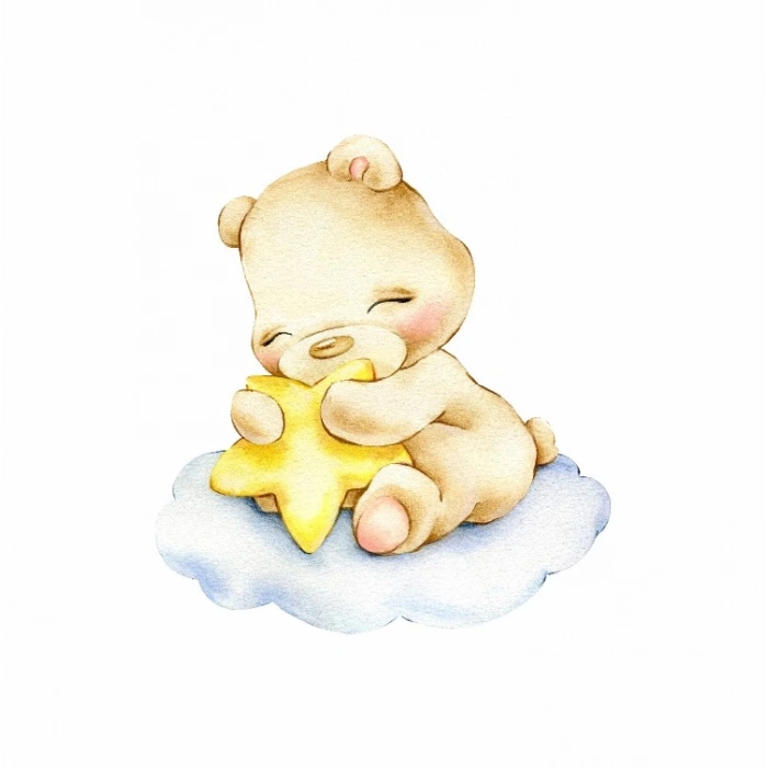 Bulut Üzerinde Sarı Yıldızla Uyuyan Ayıcık Duvar Stickerı