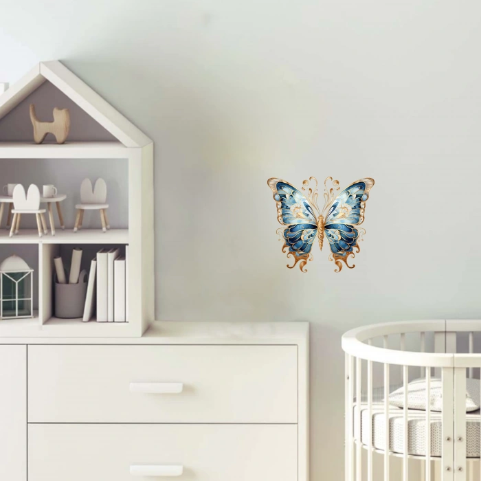 Büyük İşlemeli Mavi Kelebek Duvar Stickerı