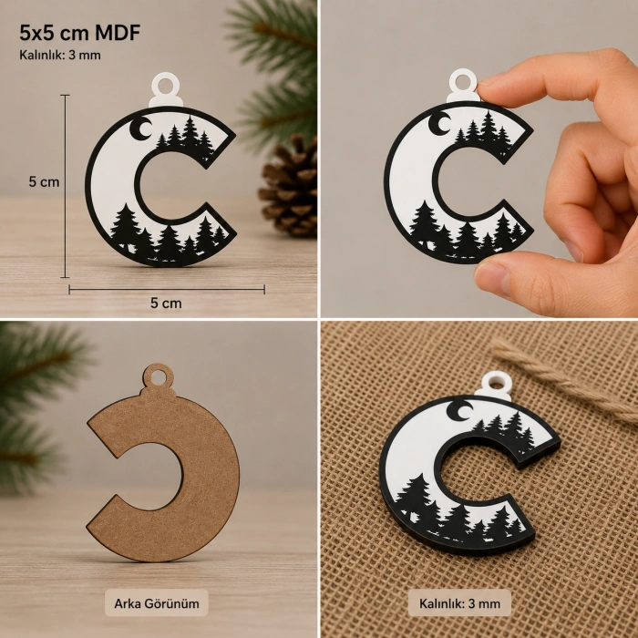 C Harf Yılbaşı Süsü – MDF Çam Ağacı Desenli Asılabilir Dekor (5x5 cm)
