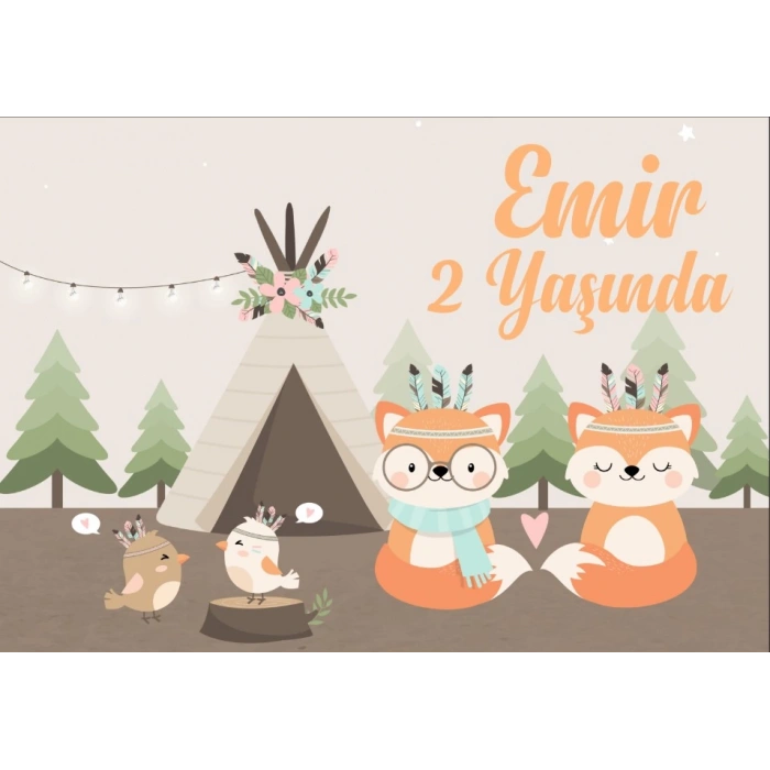 Çadır ve Tilki Temalı Doğum Günü Afişi 35X50 cm