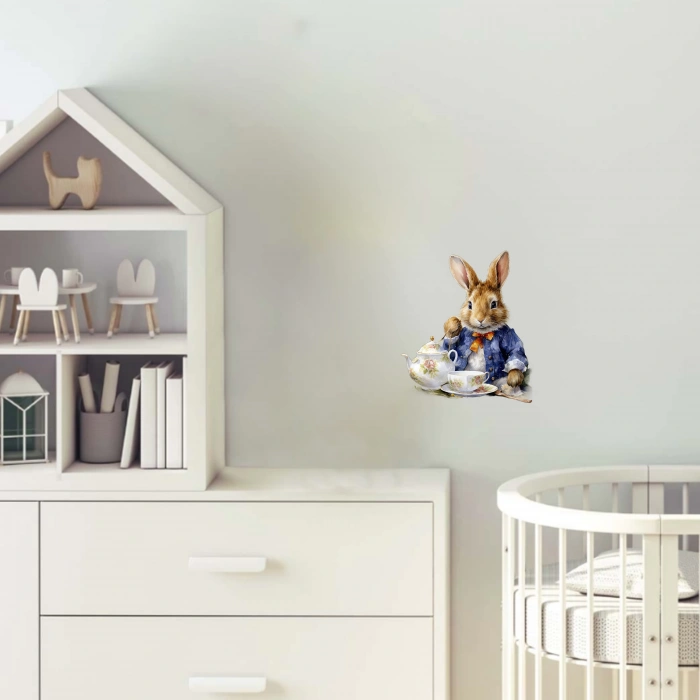 Çay Demliği ve Fincanlı Tavşan Duvar Stickerı - Mavi Ceketli