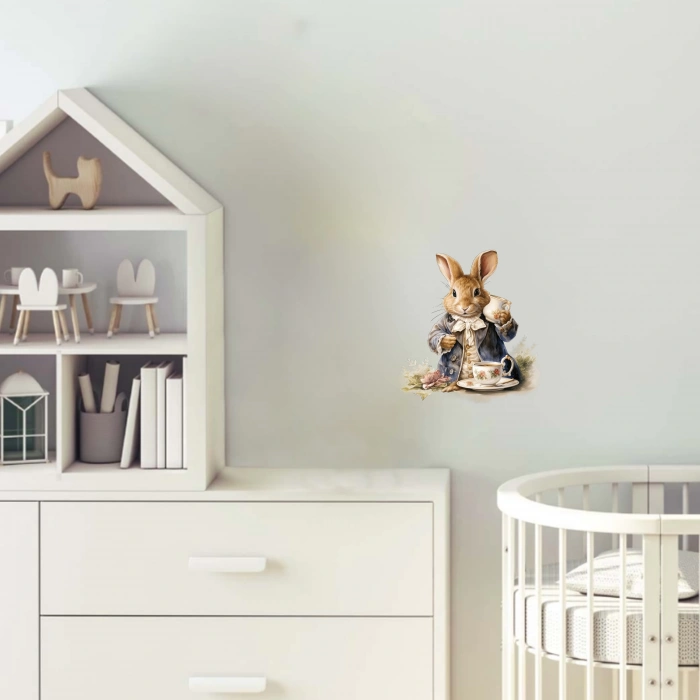 Çay İçen Tavşan Duvar Stickerı - Beyaz Yakalı