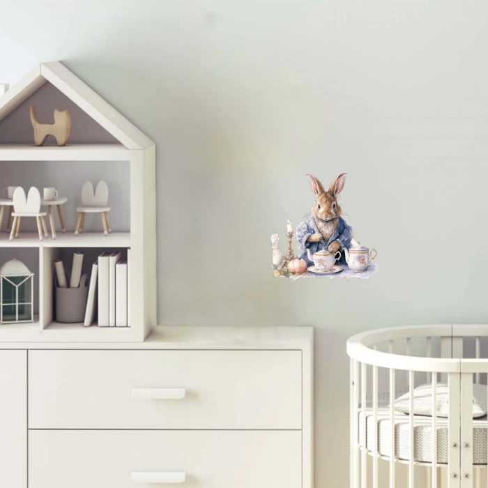 Çay Saatinde Tavşan Duvar Stickerı - Mavi Ceketli, Şamdanlı