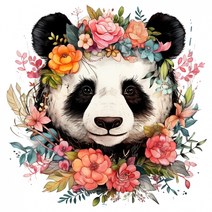 Çeşitli Çiçek Taçlı Panda Duvar Stickerı