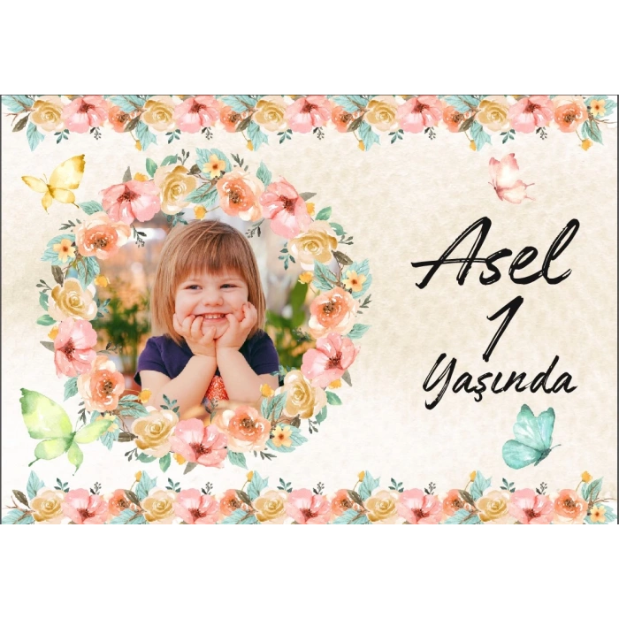 Resimli Çiçek ve Kelebekler Temalı Doğum Günü Afişi 35X50 cm