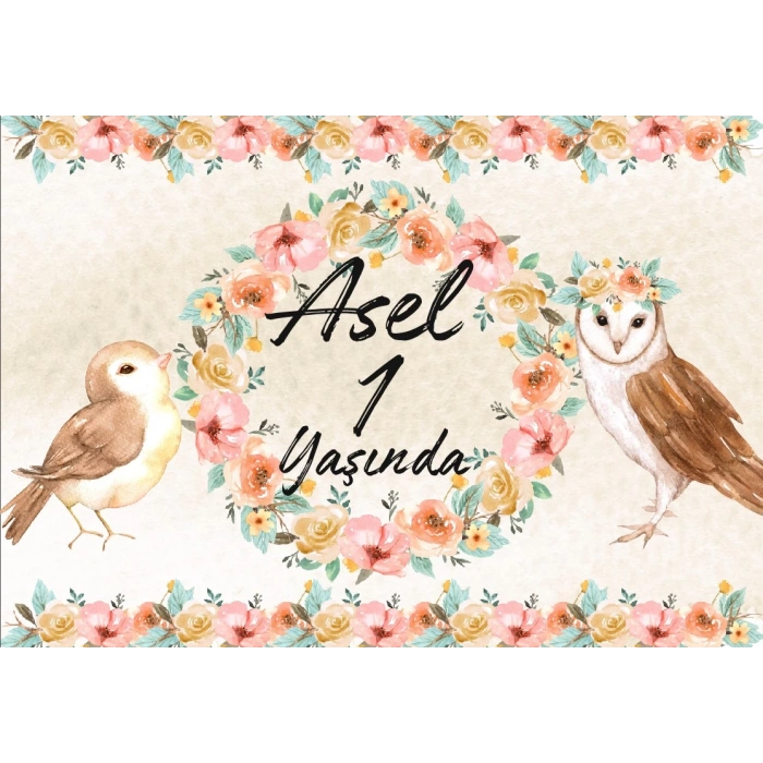 Çiçek ve Kuşlar Temalı Doğum Günü Afişi 50X70 cm