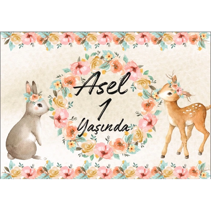 Çiçek ve Hayvalar Temalı Doğum Günü Afişi 70X100 cm