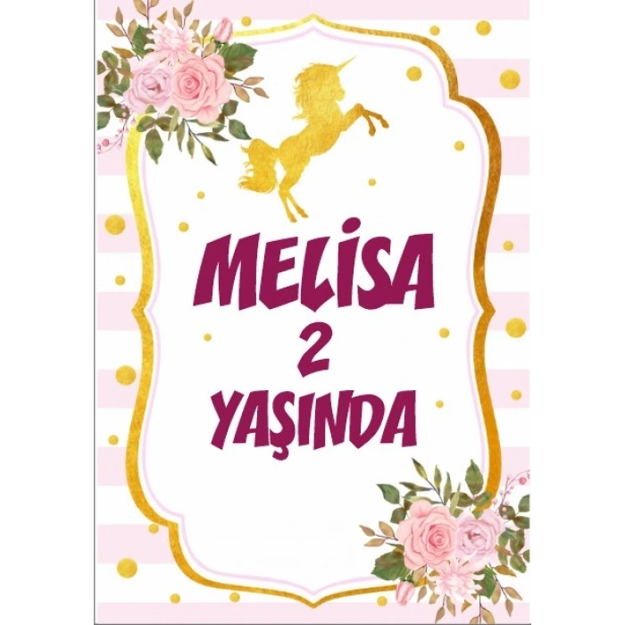 Çiçek ve Unicorn Temalı Doğum Günü Afişi - 35x50 Cm