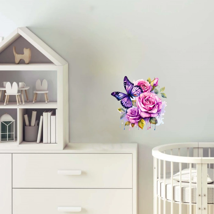 Çiçekler Arasında Mavi Kelebek Duvar Stickerı
