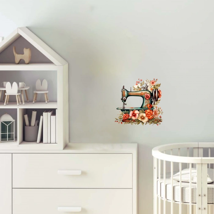 Çiçeklerle Süslü Dikiş Makinesi Duvar Stickerı