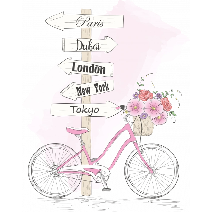 Çiçekli Bisiklet ve Şehir Tabela Duvar Stickerı