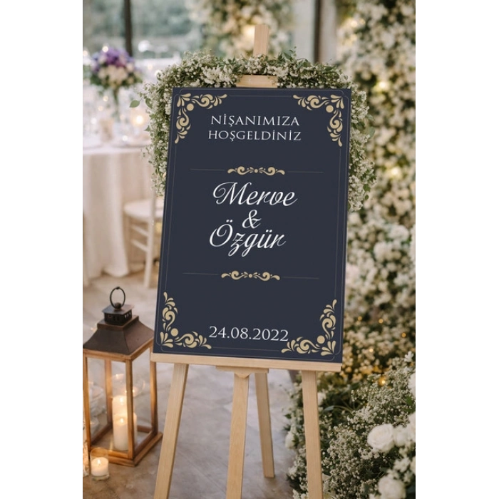 Siyah Gold Çerçevelş Düğün, Nişan ve Söz Karşılama Panosu – 50x70 cm