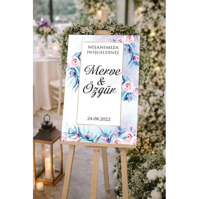 Pembe Mor Çiçekli Düğün, Nişan ve Söz Karşılama Panosu – 50x70 cm