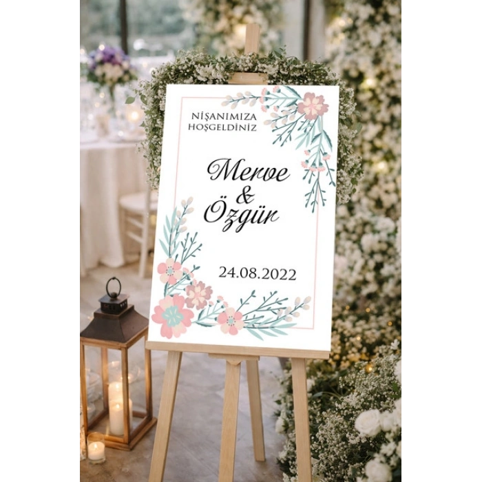 Çiçekli Çerçeveli Düğün, Nişan ve Söz Karşılama Panosu – 50x70 cm
