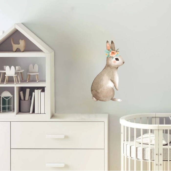 Çiçekli Tatlı Tavşan Duvar Stickerı