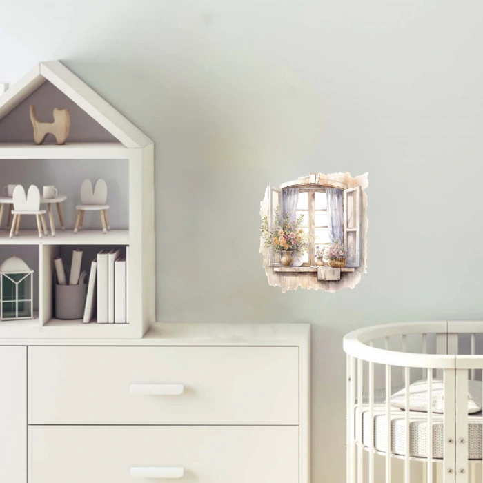 Çiçekli Vazo ve Perde Detaylı Pencere Duvar Stickerı