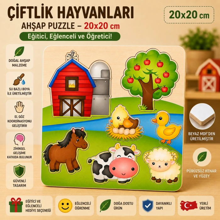 Çiftlik Hayvanları Ahşap Puzzle - Eğitici ve Öğretici Okul Öncesi Zeka Oyunu (20x20 cm)
