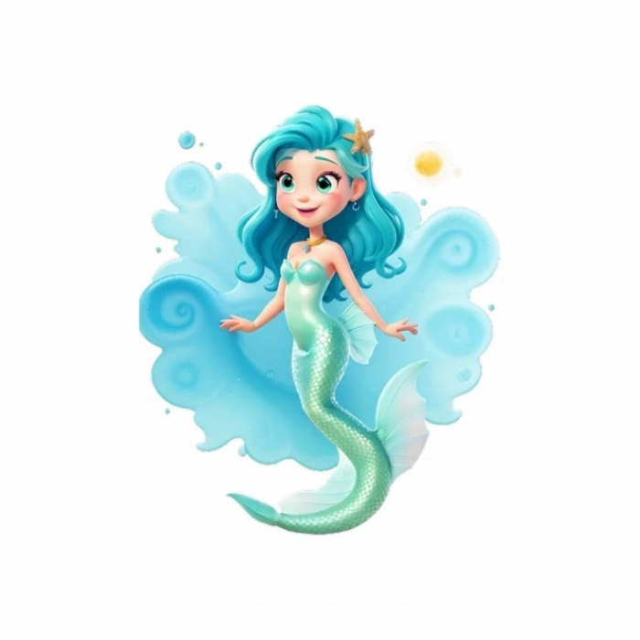 Dalgalı Mavi Saçlı Deniz Kızı Duvar Stickerı