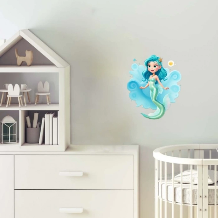 Dalgalı Mavi Saçlı Deniz Kızı Duvar Stickerı