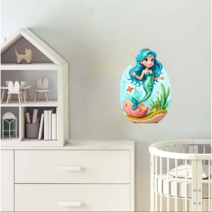 Deniz Kabuğundaki Mavi Saçlı Deniz Kızı Duvar Stickerı