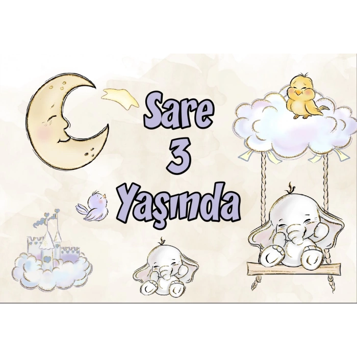 Ay Bulut ve Sevimli Hayvanlar Temalı Doğum Günü Afişi 35X50 cm