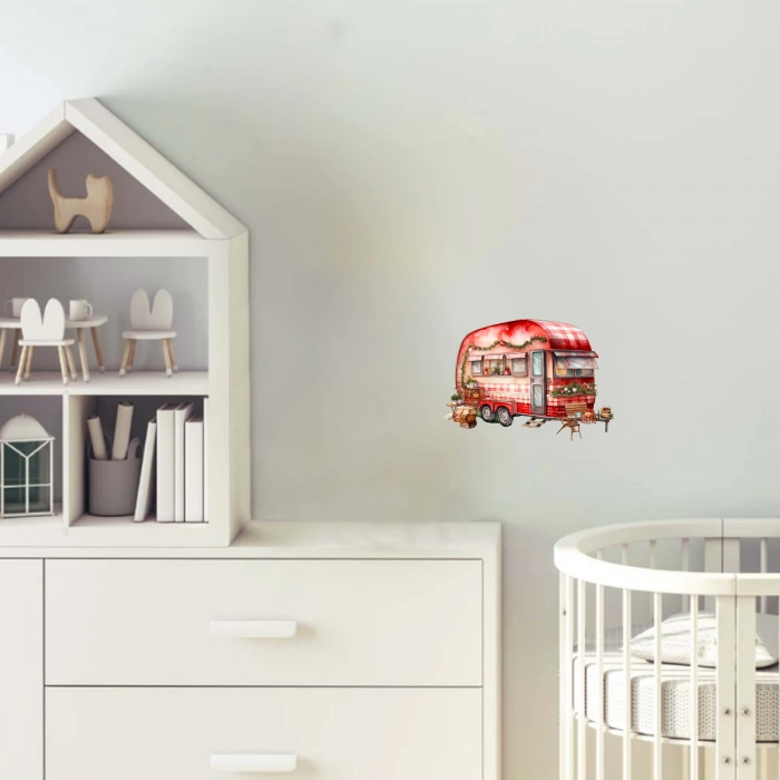 Ekose Desenli ve Tatil Işıklı Kırmızı Karavan Duvar Çıkartması