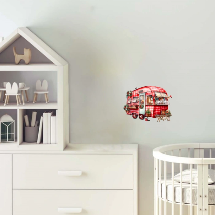 Ekose Tenteli ve Noel Dekorasyonlu Karavan Duvar Çıkartması