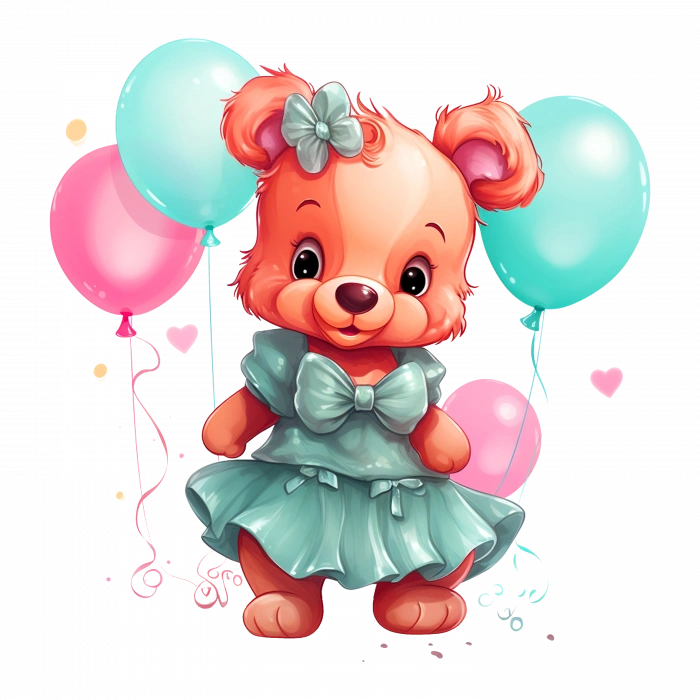 Elbiseli ve Balonlu Kız Ayıcık Duvar Stickerı