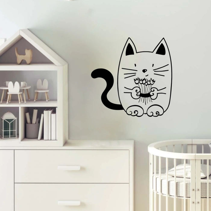 Elinde Çiçekli Kedi Sticker