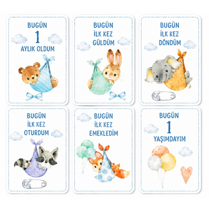 Erkek Bebek İlklerim Anı Kartları – 6’lı MDF Set (7×10 cm)