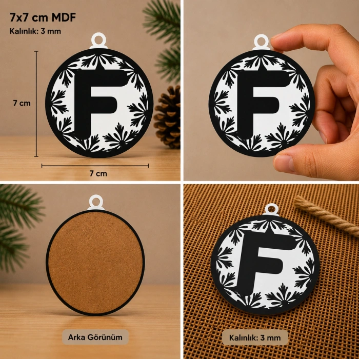F Harf Yılbaşı Süsü – MDF Çam Ağacı Desenli Asılabilir Dekor (7x7 cm)