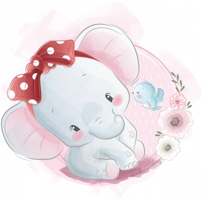 Fiyonklu Fil Yavrusu ve Kuş Duvar Stickerı