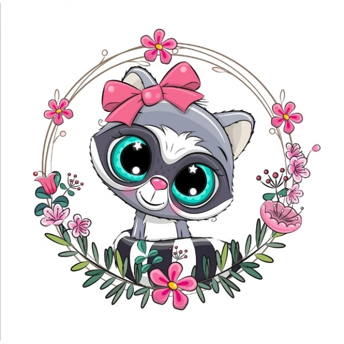 Fiyonklu Rakun Çiçek Çerçeveli Duvar Stickerı