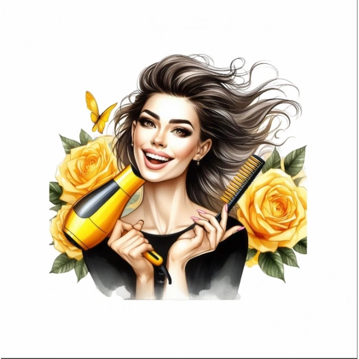 Fön Makinesi ve Tarak Tutan Kuaför Kız Duvar Stickerı