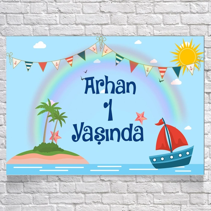 Gemi Deniz ve Gökkuşağı Temalı Doğum Günü Afişi 100X150 cm