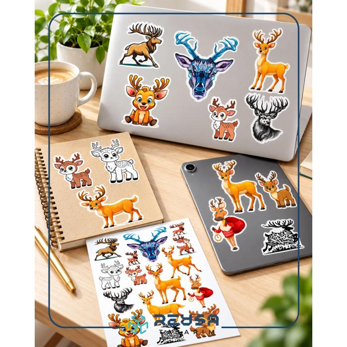 Geyik Sticker Set A5 – Sevimli Geyik Telefon, Tablet, Defter ve Laptop Sticker Seti Folyo Baskı