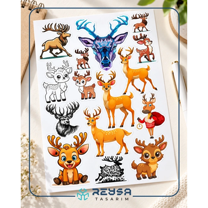 Geyik Sticker Set A5 – Sevimli Geyik Telefon, Tablet, Defter ve Laptop Sticker Seti Folyo Baskı
