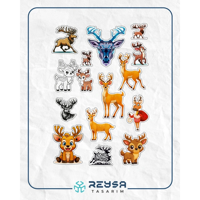 Geyik Sticker Set A5 – Sevimli Geyik Telefon, Tablet, Defter ve Laptop Sticker Seti Folyo Baskı