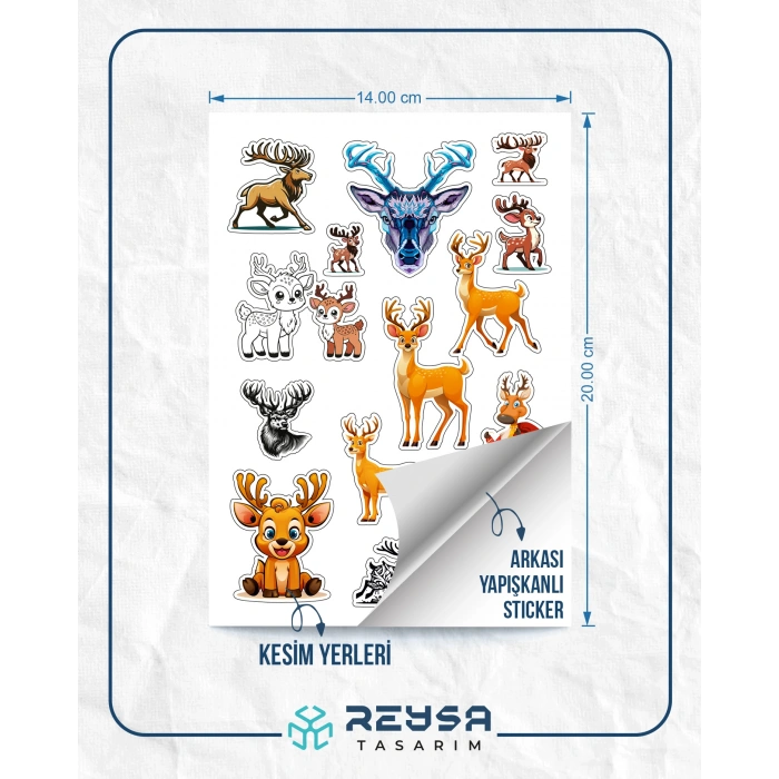 Geyik Sticker Set A5 – Sevimli Geyik Telefon, Tablet, Defter ve Laptop Sticker Seti Folyo Baskı
