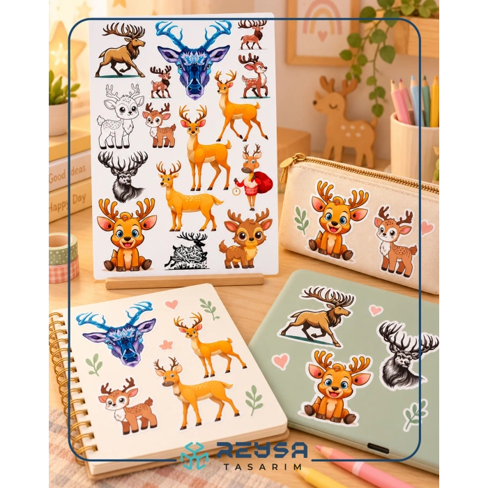 Geyik Sticker Set A5 – Sevimli Geyik Telefon, Tablet, Defter ve Laptop Sticker Seti Folyo Baskı