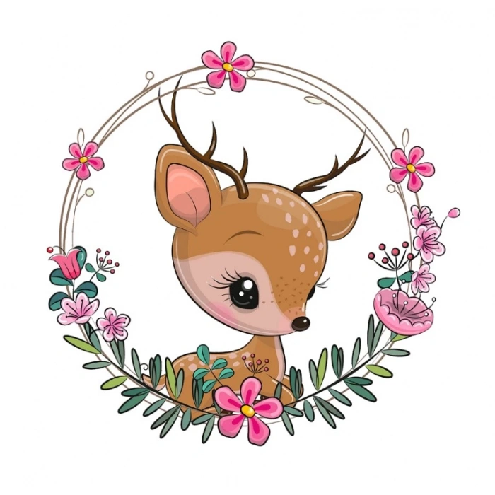 Geyik Yavrusu Çiçek Çerçeveli Duvar Stickerı