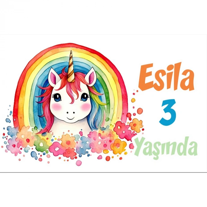 Unicorn ve GökkuşağıTemalı Doğum Günü Afişi -2 100X150 cm