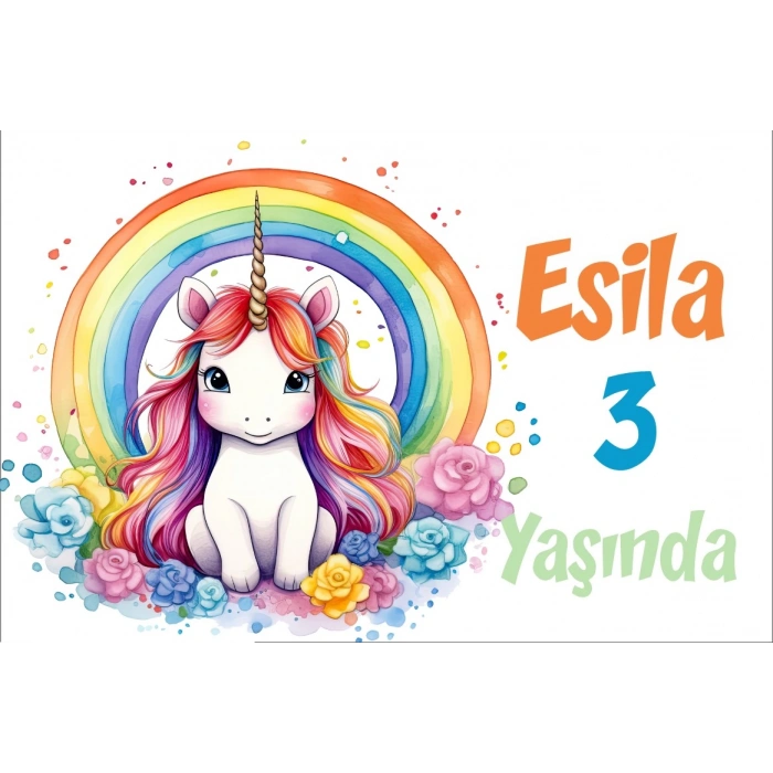 Unicorn ve Gökkuşağı Temalı Doğum Günü Afişi -1 50X70 cm