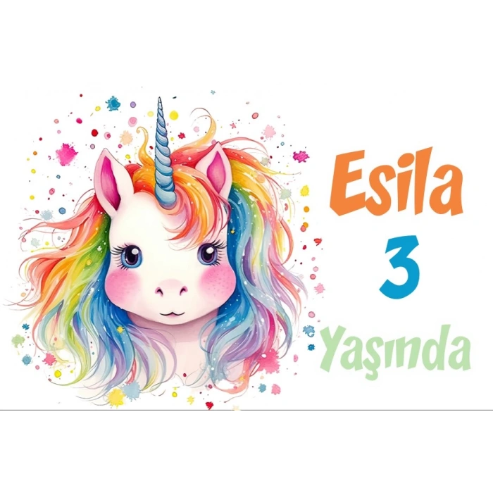 Gökkuşağı Saçlı Unicorn Temalı Doğum Günü Afişi -2 70X100 cm