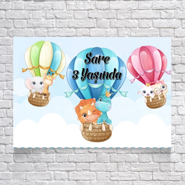 Gökyüzünde Balonda Uçan Sevimli Hayvanlar Teamlı Doğum Günü Afişi 50X70 cm